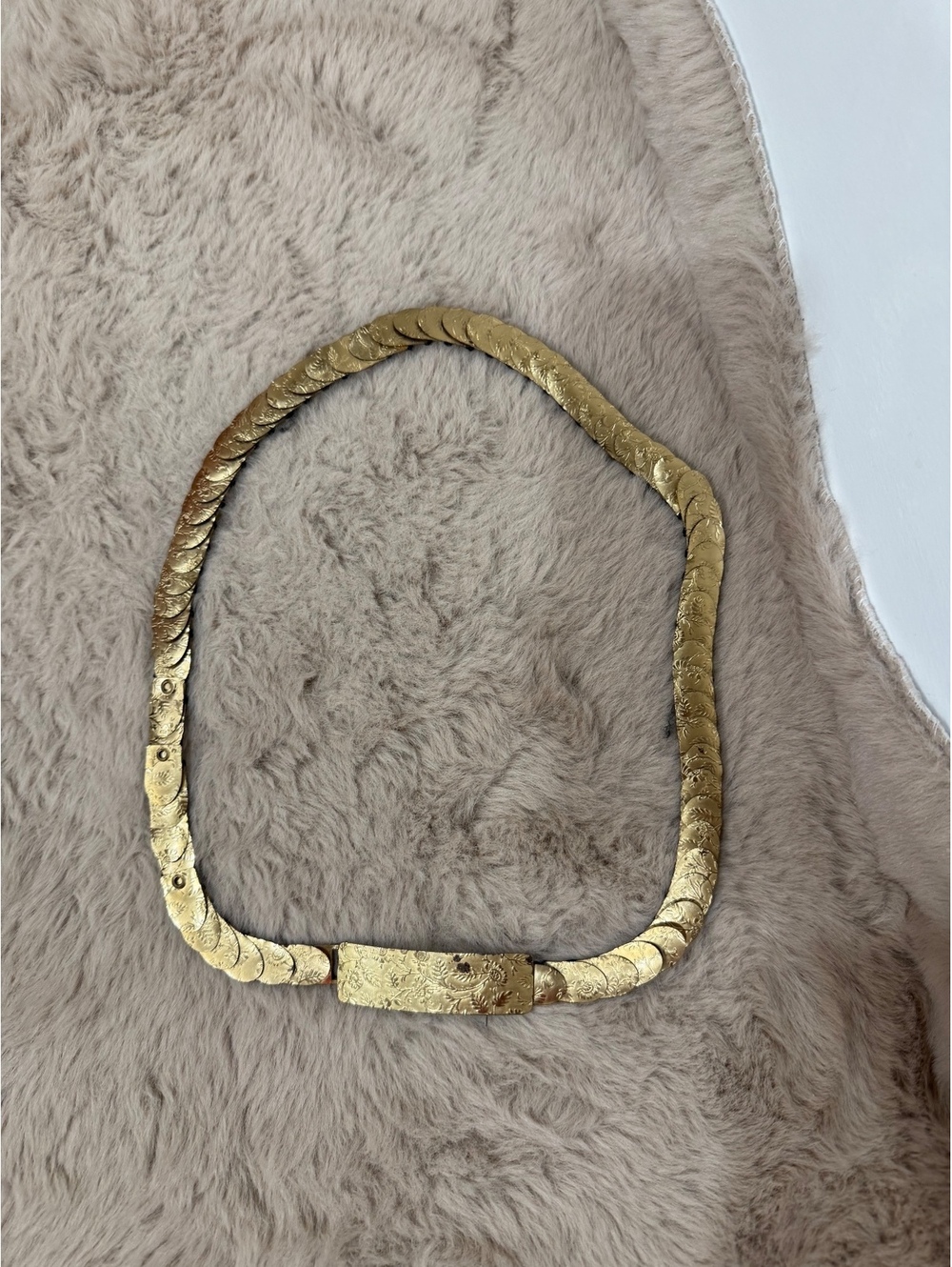 Vintage Gold-Tone Floral Engraved Metal Belt with Black Fabric Backing